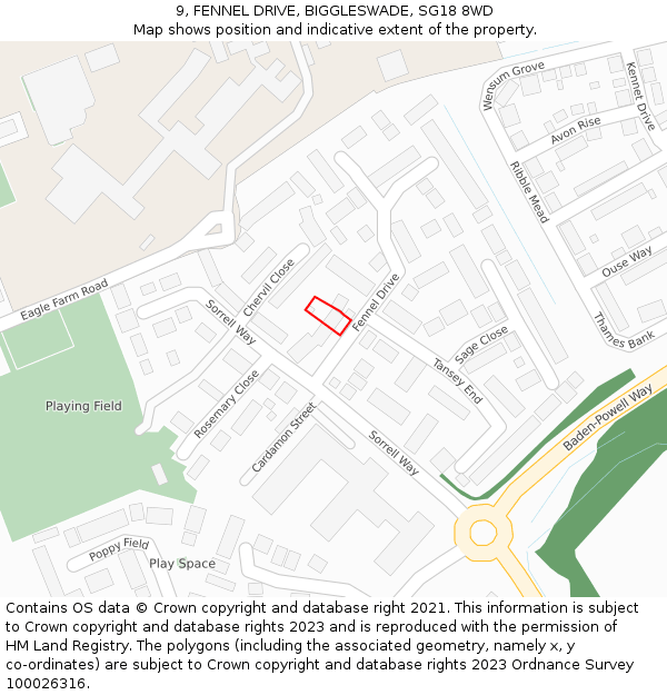 9, FENNEL DRIVE, BIGGLESWADE, SG18 8WD: Location map and indicative extent of plot
