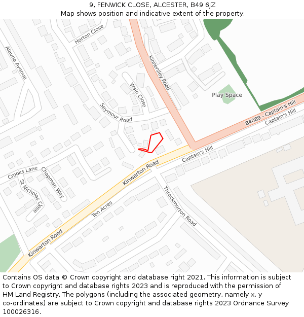 9, FENWICK CLOSE, ALCESTER, B49 6JZ: Location map and indicative extent of plot