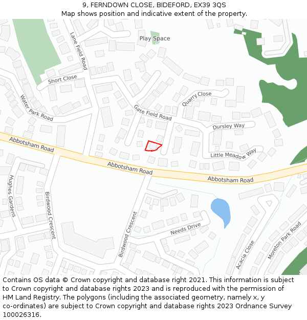 9, FERNDOWN CLOSE, BIDEFORD, EX39 3QS: Location map and indicative extent of plot
