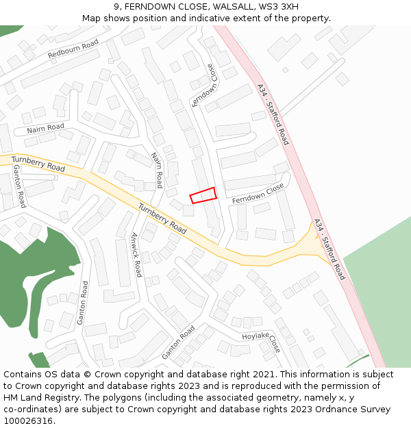 9, FERNDOWN CLOSE, WALSALL, WS3 3XH: Location map and indicative extent of plot