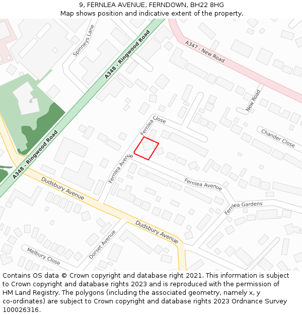 9, FERNLEA AVENUE, FERNDOWN, BH22 8HG: Location map and indicative extent of plot