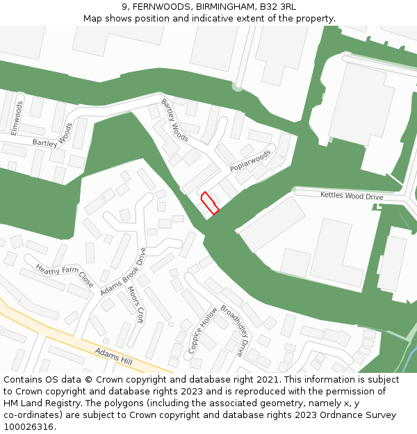 9, FERNWOODS, BIRMINGHAM, B32 3RL: Location map and indicative extent of plot