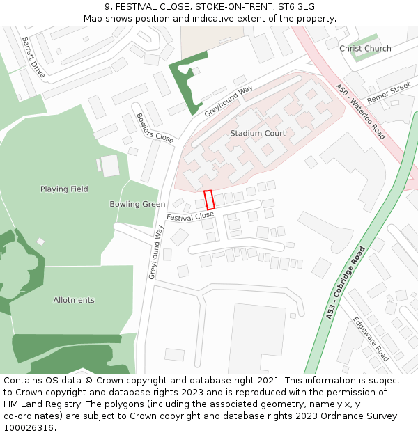 9, FESTIVAL CLOSE, STOKE-ON-TRENT, ST6 3LG: Location map and indicative extent of plot