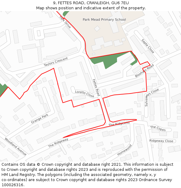 9, FETTES ROAD, CRANLEIGH, GU6 7EU: Location map and indicative extent of plot