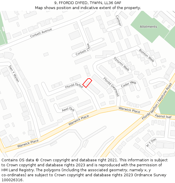 9, FFORDD DYFED, TYWYN, LL36 0AF: Location map and indicative extent of plot