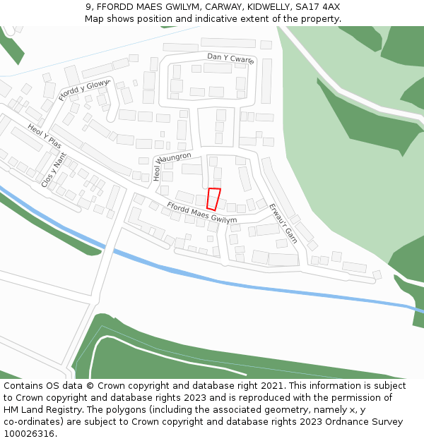 9, FFORDD MAES GWILYM, CARWAY, KIDWELLY, SA17 4AX: Location map and indicative extent of plot