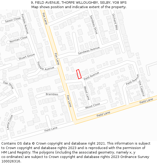 9, FIELD AVENUE, THORPE WILLOUGHBY, SELBY, YO8 9PS: Location map and indicative extent of plot