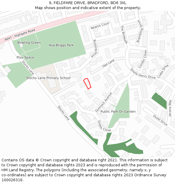 9, FIELDFARE DRIVE, BRADFORD, BD6 3XL: Location map and indicative extent of plot