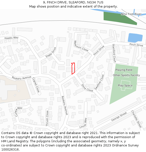 9, FINCH DRIVE, SLEAFORD, NG34 7US: Location map and indicative extent of plot