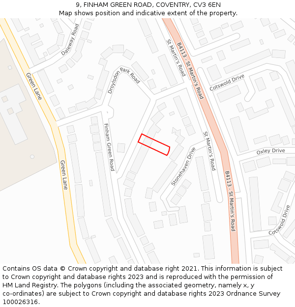 9, FINHAM GREEN ROAD, COVENTRY, CV3 6EN: Location map and indicative extent of plot