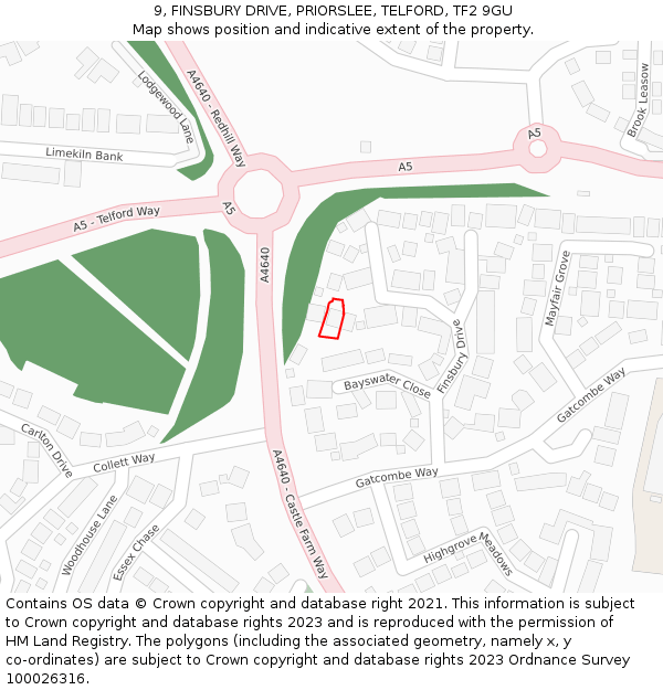 9, FINSBURY DRIVE, PRIORSLEE, TELFORD, TF2 9GU: Location map and indicative extent of plot