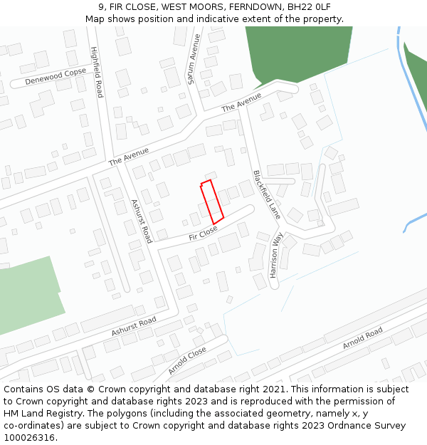 9, FIR CLOSE, WEST MOORS, FERNDOWN, BH22 0LF: Location map and indicative extent of plot