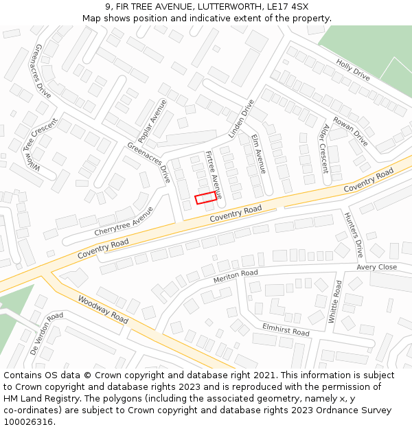 9, FIR TREE AVENUE, LUTTERWORTH, LE17 4SX: Location map and indicative extent of plot