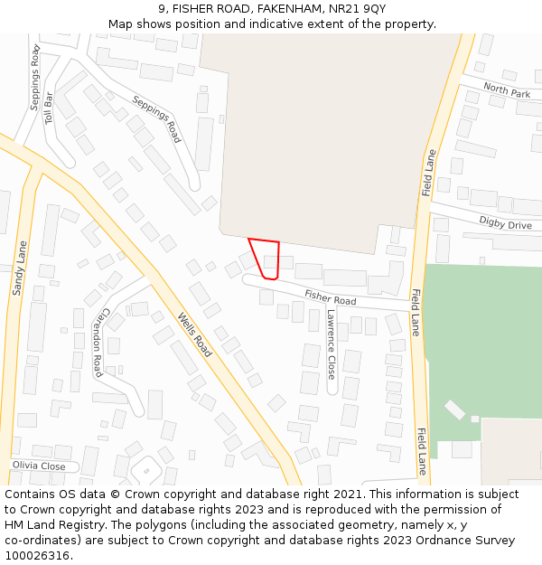 9, FISHER ROAD, FAKENHAM, NR21 9QY: Location map and indicative extent of plot