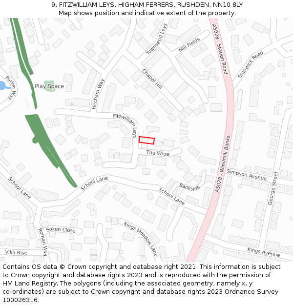 9, FITZWILLIAM LEYS, HIGHAM FERRERS, RUSHDEN, NN10 8LY: Location map and indicative extent of plot