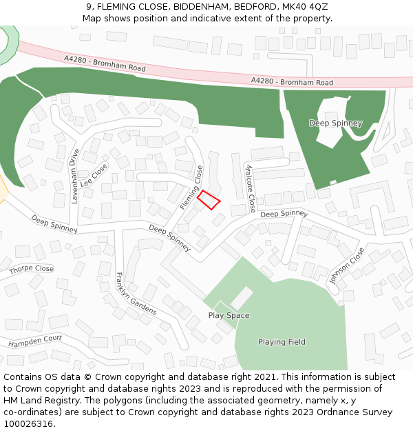 9, FLEMING CLOSE, BIDDENHAM, BEDFORD, MK40 4QZ: Location map and indicative extent of plot