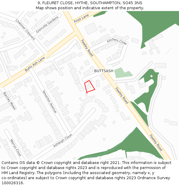 9, FLEURET CLOSE, HYTHE, SOUTHAMPTON, SO45 3NS: Location map and indicative extent of plot