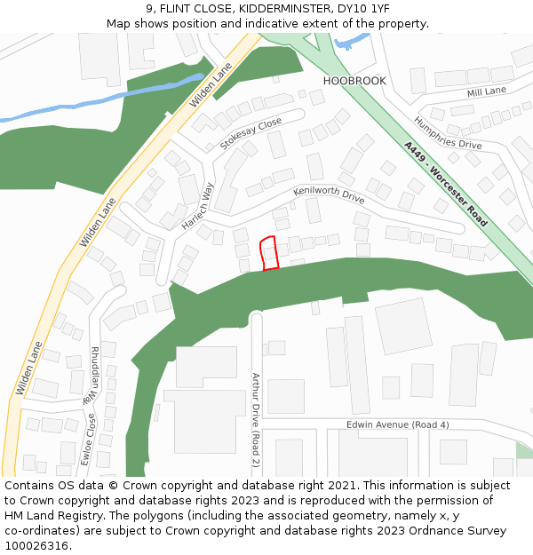 9, FLINT CLOSE, KIDDERMINSTER, DY10 1YF: Location map and indicative extent of plot