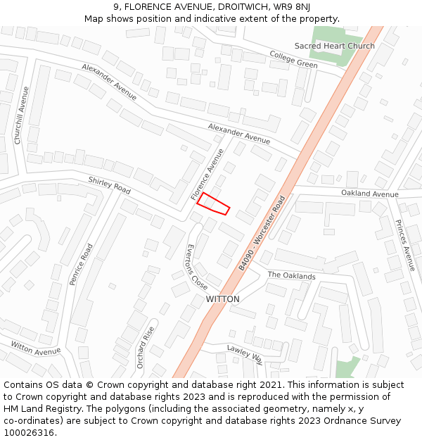 9, FLORENCE AVENUE, DROITWICH, WR9 8NJ: Location map and indicative extent of plot