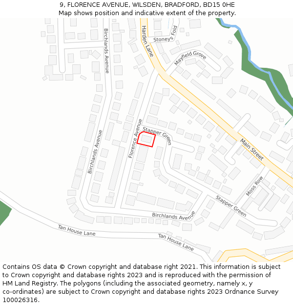 9, FLORENCE AVENUE, WILSDEN, BRADFORD, BD15 0HE: Location map and indicative extent of plot