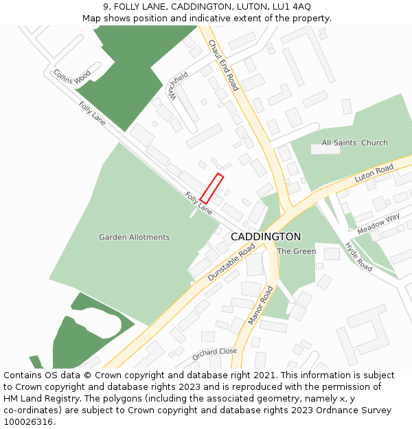 9, FOLLY LANE, CADDINGTON, LUTON, LU1 4AQ: Location map and indicative extent of plot