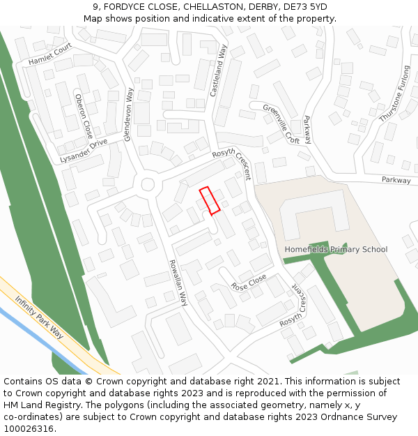 9, FORDYCE CLOSE, CHELLASTON, DERBY, DE73 5YD: Location map and indicative extent of plot