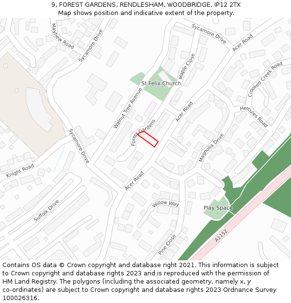 9, FOREST GARDENS, RENDLESHAM, WOODBRIDGE, IP12 2TX: Location map and indicative extent of plot