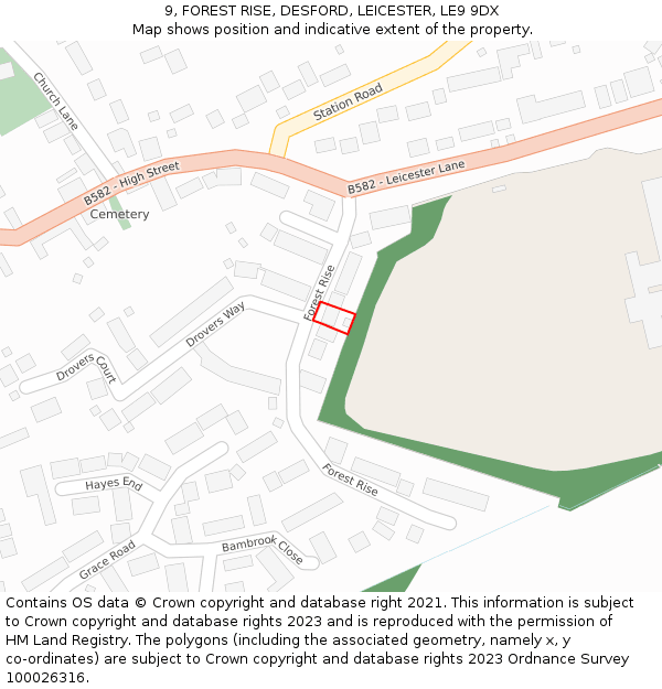 9, FOREST RISE, DESFORD, LEICESTER, LE9 9DX: Location map and indicative extent of plot