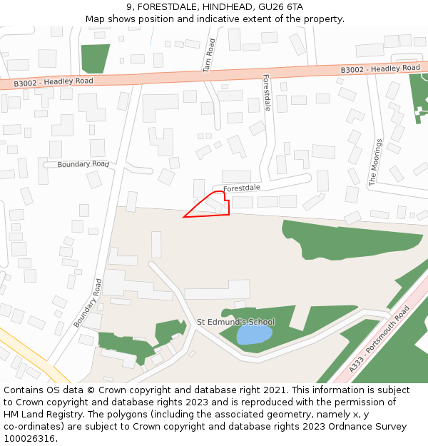 9, FORESTDALE, HINDHEAD, GU26 6TA: Location map and indicative extent of plot