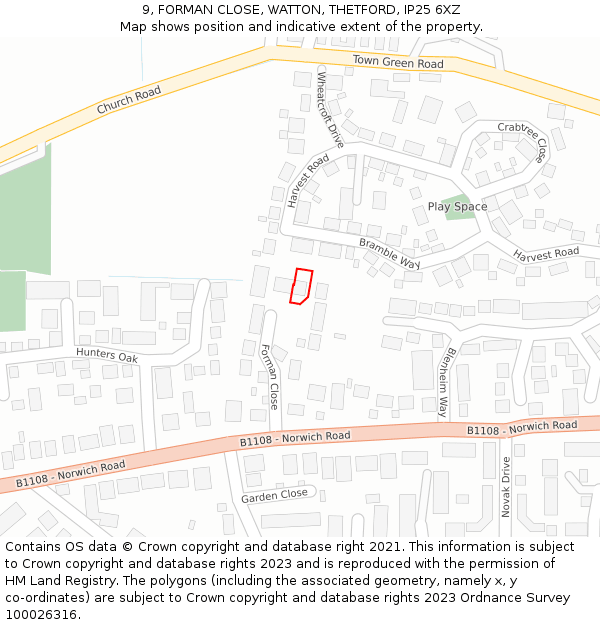 9, FORMAN CLOSE, WATTON, THETFORD, IP25 6XZ: Location map and indicative extent of plot