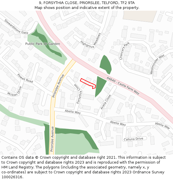 9, FORSYTHIA CLOSE, PRIORSLEE, TELFORD, TF2 9TA: Location map and indicative extent of plot