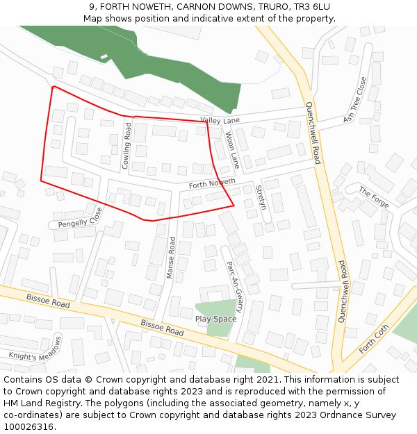 9, FORTH NOWETH, CARNON DOWNS, TRURO, TR3 6LU: Location map and indicative extent of plot