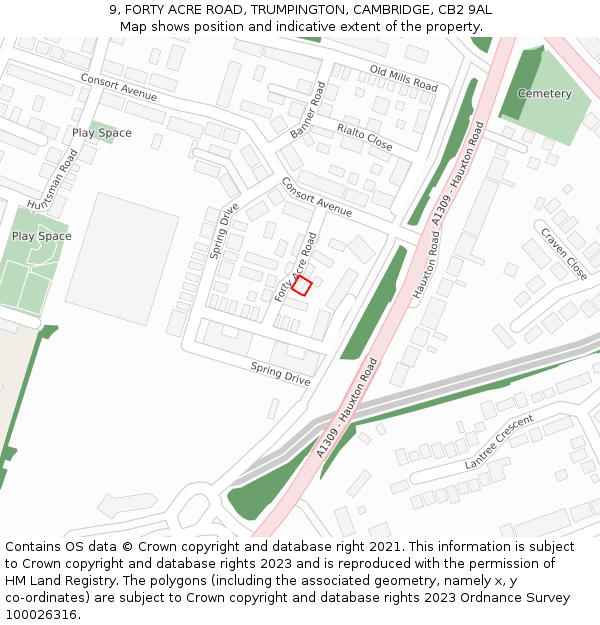 9, FORTY ACRE ROAD, TRUMPINGTON, CAMBRIDGE, CB2 9AL: Location map and indicative extent of plot