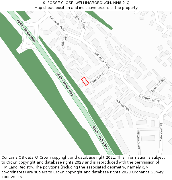 9, FOSSE CLOSE, WELLINGBOROUGH, NN8 2LQ: Location map and indicative extent of plot