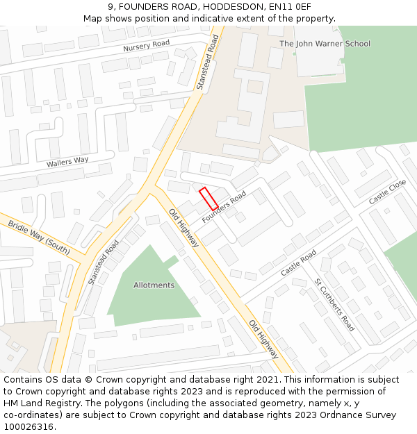 9, FOUNDERS ROAD, HODDESDON, EN11 0EF: Location map and indicative extent of plot