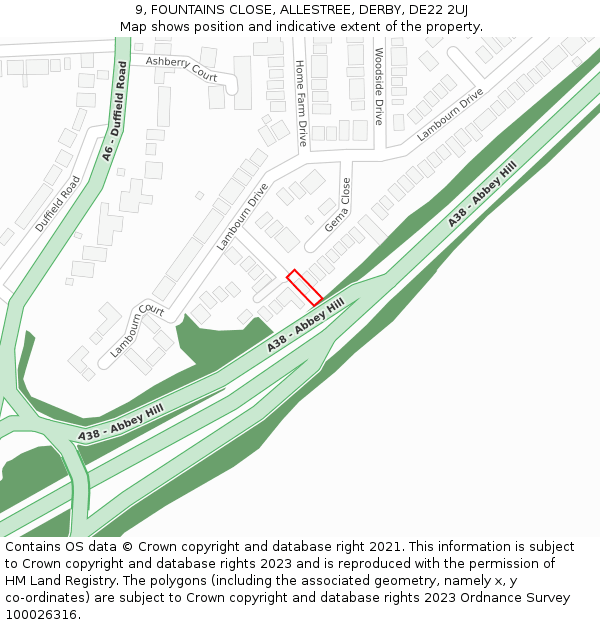9, FOUNTAINS CLOSE, ALLESTREE, DERBY, DE22 2UJ: Location map and indicative extent of plot