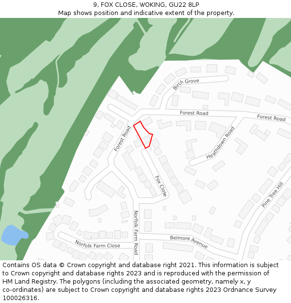 9, FOX CLOSE, WOKING, GU22 8LP: Location map and indicative extent of plot