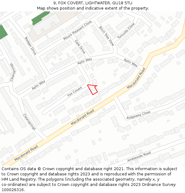 9, FOX COVERT, LIGHTWATER, GU18 5TU: Location map and indicative extent of plot