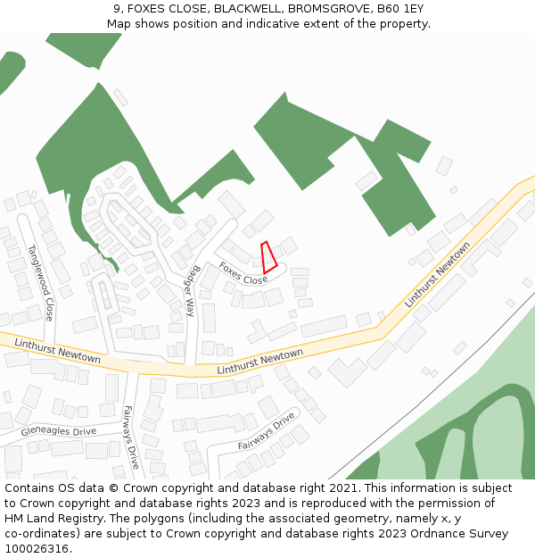 9, FOXES CLOSE, BLACKWELL, BROMSGROVE, B60 1EY: Location map and indicative extent of plot