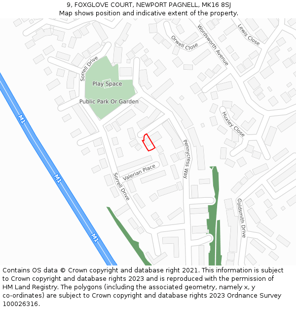 9, FOXGLOVE COURT, NEWPORT PAGNELL, MK16 8SJ: Location map and indicative extent of plot