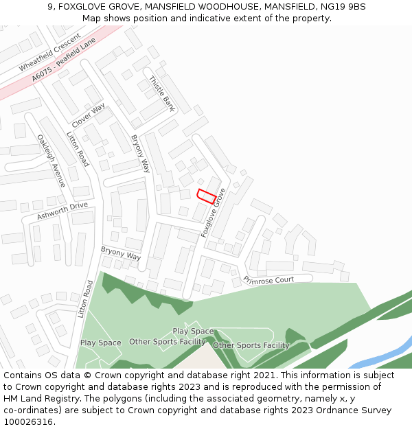 9, FOXGLOVE GROVE, MANSFIELD WOODHOUSE, MANSFIELD, NG19 9BS: Location map and indicative extent of plot