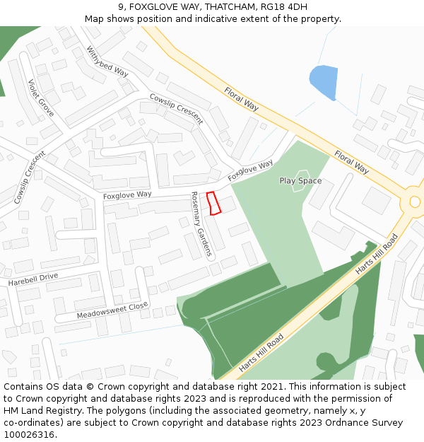 9, FOXGLOVE WAY, THATCHAM, RG18 4DH: Location map and indicative extent of plot