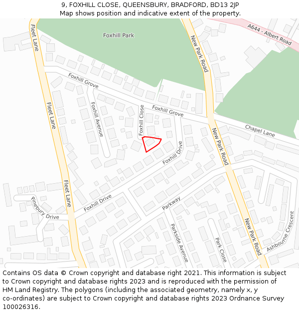 9, FOXHILL CLOSE, QUEENSBURY, BRADFORD, BD13 2JP: Location map and indicative extent of plot