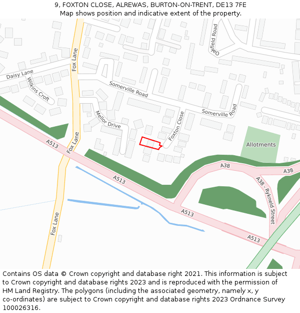 9, FOXTON CLOSE, ALREWAS, BURTON-ON-TRENT, DE13 7FE: Location map and indicative extent of plot