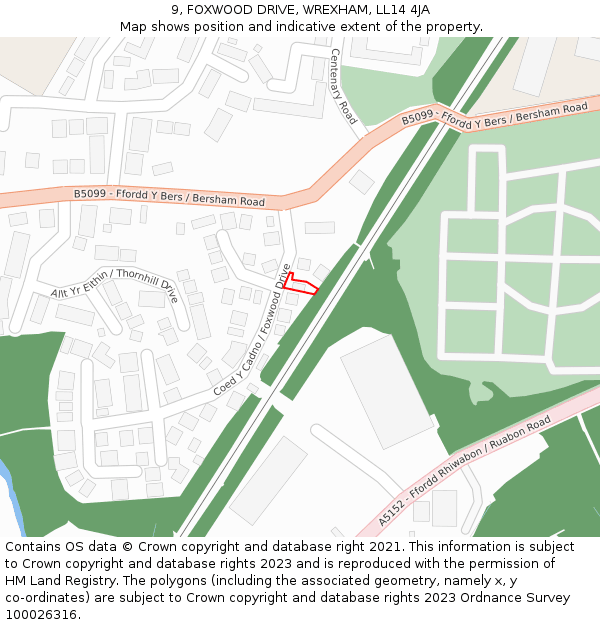 9, FOXWOOD DRIVE, WREXHAM, LL14 4JA: Location map and indicative extent of plot