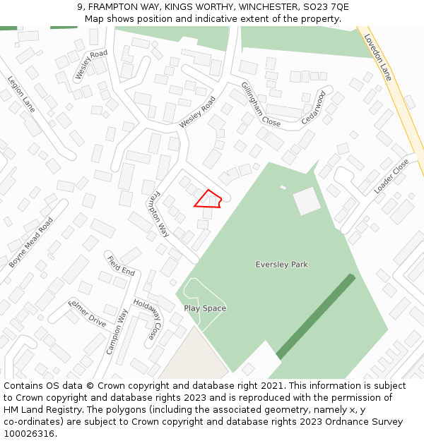 9, FRAMPTON WAY, KINGS WORTHY, WINCHESTER, SO23 7QE: Location map and indicative extent of plot