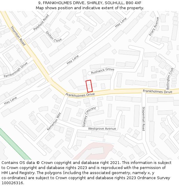 9, FRANKHOLMES DRIVE, SHIRLEY, SOLIHULL, B90 4XF: Location map and indicative extent of plot