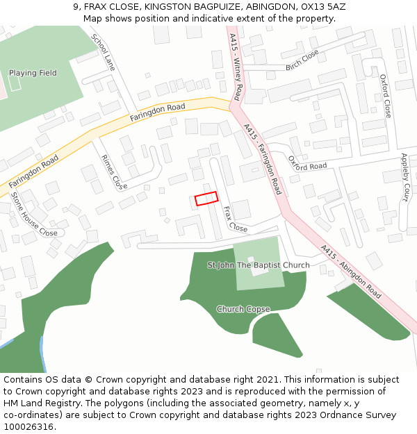 9, FRAX CLOSE, KINGSTON BAGPUIZE, ABINGDON, OX13 5AZ: Location map and indicative extent of plot