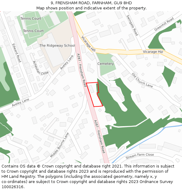 9, FRENSHAM ROAD, FARNHAM, GU9 8HD: Location map and indicative extent of plot