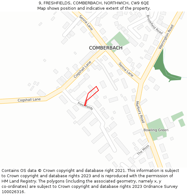 9, FRESHFIELDS, COMBERBACH, NORTHWICH, CW9 6QE: Location map and indicative extent of plot